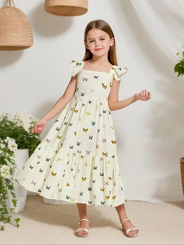 Girl's Butterfly Print Ruffle Trim Dress, Cute Casual Sleeveless A Line Dress for Summer, Kids Clothes for Daily Wear