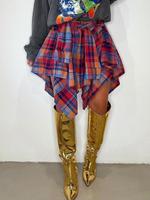 【Plus Size】 Plaid Print Asymmetrical Hem Skirt, Casual Knee Length Skirt for Fall & Winter, Women's Bottoms for Daily Wea...