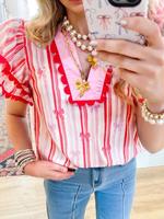 Women's Striped Print Ruffle Trim Blouse, Casual Butterfly Sleeve V Neck Top for Daily Wear, Ladies Clothes for All Seasons, ...