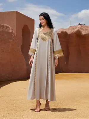 Women's Luxury Arabic Embroidered V Neck Dress, Vintage Middle Eastern Style, Sequins Patchwork, Long Tassel Hem, Pure Color ...