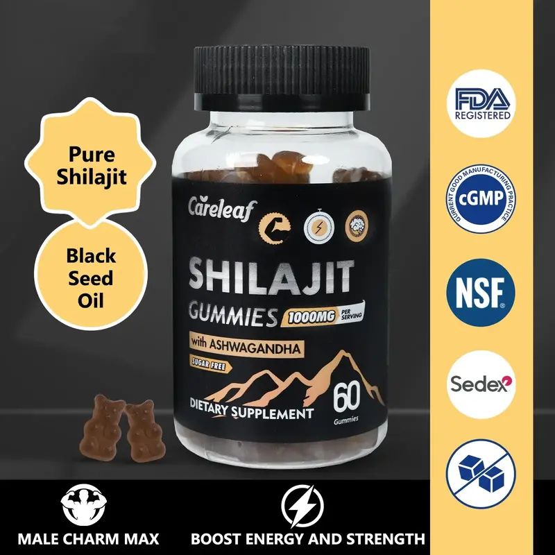 Careleaf Sugar-Free 1000mg Pure Shilajit Gold Gummies with Ashwagandha-Energy, Brain & Immunity Support for Men- Vegan Health...