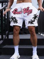 Men's Random Palm Tree & Letter Print Drawstring Waist Shorts, Casual Loose Beach Shorts for Summer, Men's Bottoms for Daily ...
