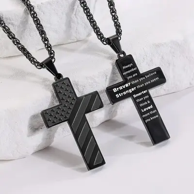 Golden/Silver/Black Cross Necklace Bible Verse Stainless Steel American Flag Pendant Chain for Men/Women Jewelry Gift Lori Va...