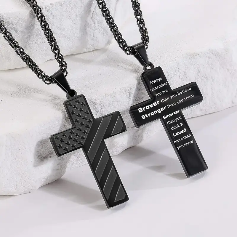 Golden/Silver/Black Cross Necklace Bible Verse Stainless Steel American Flag Pendant Chain for Men/Women Jewelry Gift Lori Va...