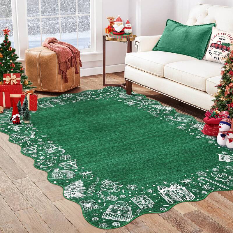 Garvee Christmas Area Rug Washable Scalloped Bedroom Carpet with Non-Slip Backing, Non-Shedding Low Pile Indoor Floor Carpet,...