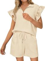 BTFBM Women's Summer 2-Piece Outfits Sweatsuit Zipper V-Neck Casual Ruffle Short Sleeve Tops and Drawstring Shorts Lounge Set...