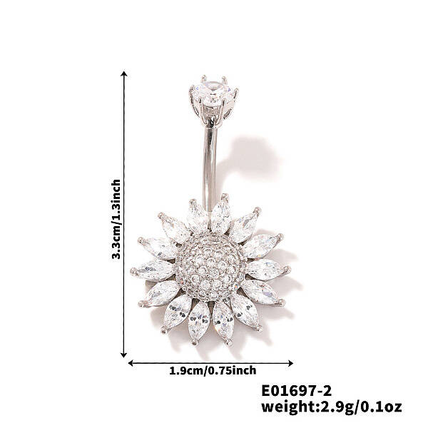 Chic Flower Brass Full Crystal Rhinestone Curved Barbell Belly Button Rings with Shiny Delicate Design