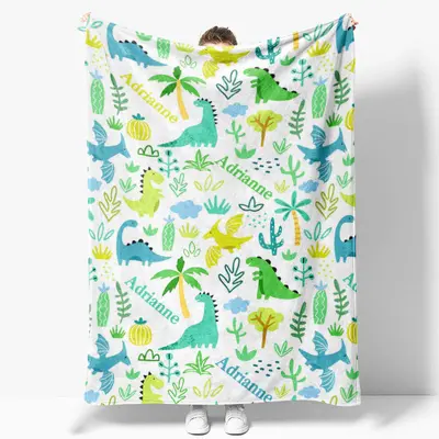 Personalized Name Dinosaurs Plants Blanket For Kids - Aperturee