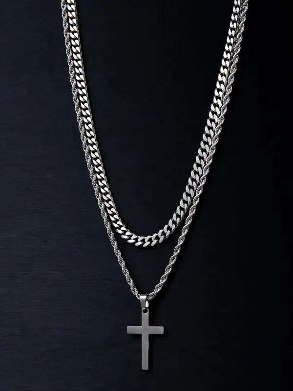 Summer Punk Twist Design Cross Decor Pendant Necklace, Chunky Chain Necklace & Chain Necklace with Cross Pendant, Fashion Sta...