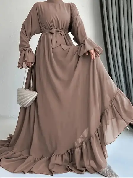 EleganKaftan Dress - Traditional Middle Eastern Style with Ruffled Cuffs & Asymmetrical Hem - Belted Waist -  Women's Fashion