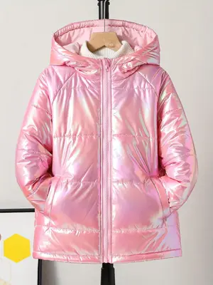 Girl's Solid Color Raglan Sleeve Zip Up Hooded Winter Coat, Casual Long Sleeve Pocket Design Outerwear for Fall & Winter, Kid...