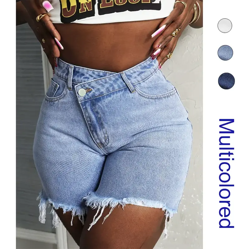 Casual Women's Fashion Denim Shorts Summer High Waisted Dressy Irregular Botton Short Flare Jeans Pants Blue Bottom Womenswea...