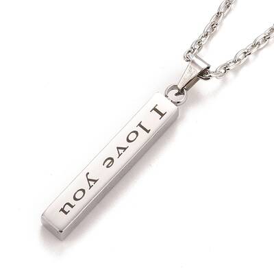 Rectangle with Word I Love You 304 Stainless Steel Pendant Necklace with Alloy Cable Chain for Women