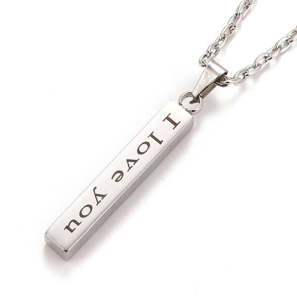 Rectangle with Word I Love You 304 Stainless Steel Pendant Necklace with Alloy Cable Chain for Women