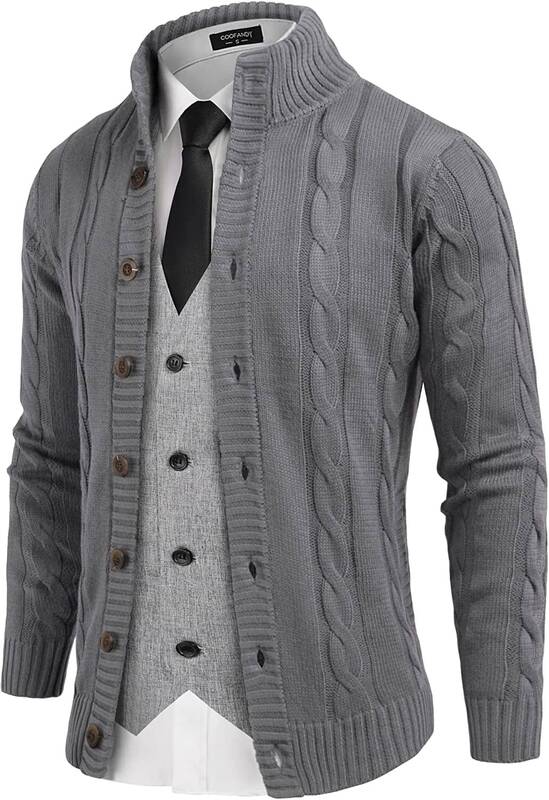 Cardigan Cable Knitted Button Down Sweater (US Only), Grey / M
