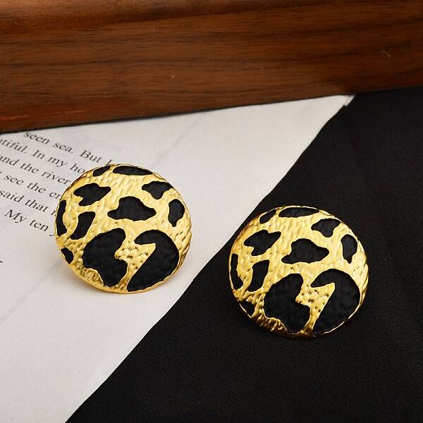 Leopard Print Brass Enamel Stud Earrings for Women