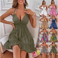 KITTEN 2025 summer outfits Women's Fashion Deep V Neck Tie Strap Ruffled Hem Parallel Wrinkle Backless Sexy Dress Casual Wome...