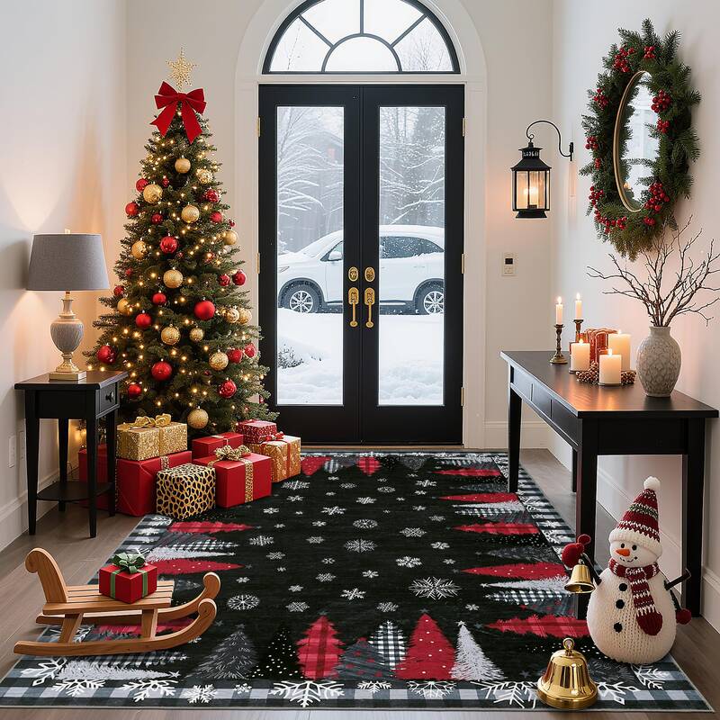 Garvee Christmas Tree Pattern Black 8x10 Rug - Washable Non-Slip & Stain Resistant Low Pile for Hallway, Entryway & Festive ...
