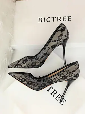 Women's Mesh Hollow Contrast Lace Pointed Toe Stiletto Heels, Black Fashion Elegant Heeled Dress Formal Shoes for Women, High...