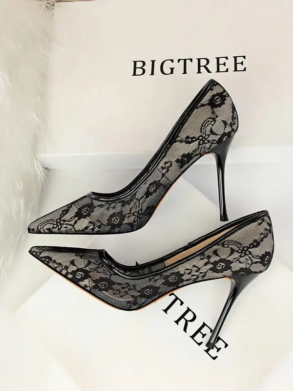 Women's Mesh Hollow Contrast Lace Pointed Toe Stiletto Heels, Black Fashion Elegant Heeled Dress Formal Shoes for Women, High...