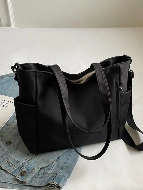 Women's Solid Color Large Capacity Shoulder Bag, Fashionable Casual Adjustable Strap Zipper Shoulder Bag, Trendy Versatile Co...