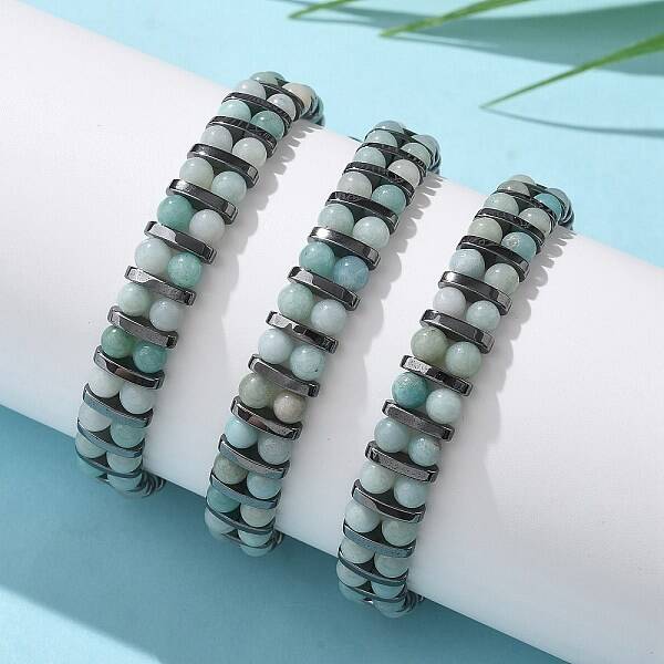 Natural Flower Amazonite and Synthetic Hematite Adjustable Braided Bead Bracelets