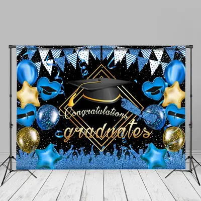 Glitter Blue Golden Balloon Grads Backdrop For Photos - Aperturee