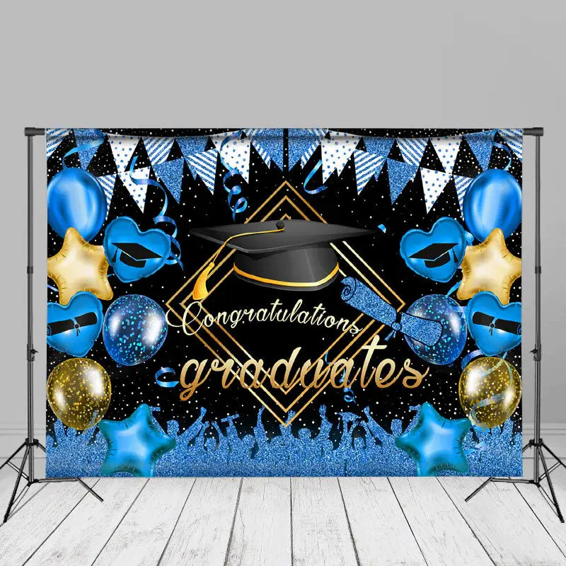 Glitter Blue Golden Balloon Grads Backdrop For Photos - Aperturee