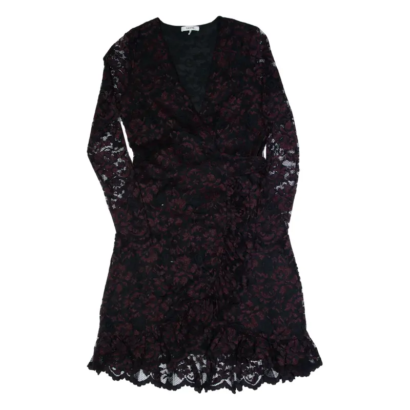 GANNI Womens Wrap Dress Black Lace Long Sleeve Knee Length S
