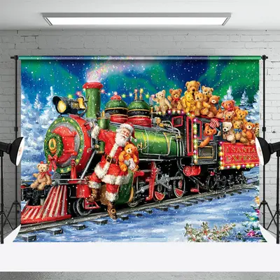 Train Bear Toy Santa Claus Snowy Christmas Backdrop - Aperturee