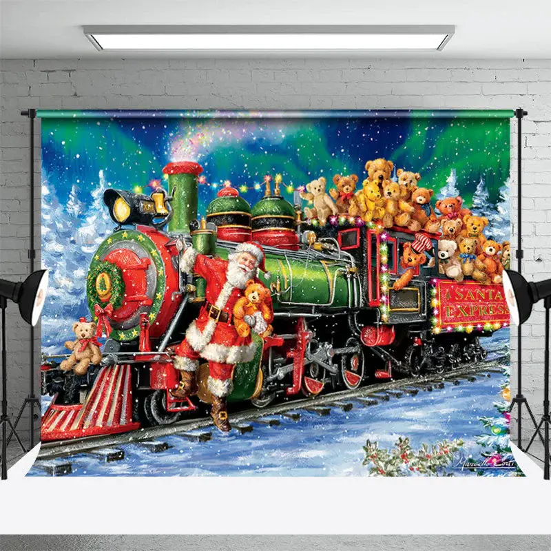 Train Bear Toy Santa Claus Snowy Christmas Backdrop - Aperturee