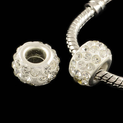 Polymer Clay Rhinestone European Large Hole Beads with Silver Color Plated Brass Cores