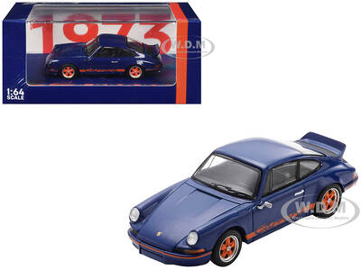 1973 Porsche 911 RS 2.7 Blue with Orange Stripes 1/64 Model Car by Spark