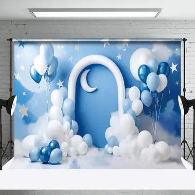 Aperturee Baby Boy Blue Balloons Cake Smash Photography Backdrop