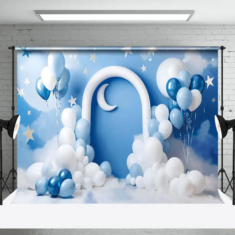 Aperturee Baby Boy Blue Balloons Cake Smash Photography Backdrop