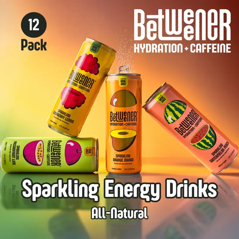 Betweener Sparkling Energy 12-Pack - All-Natural Beverage with No Artificial Taste, 45 Calories, Hydration & Caffeine