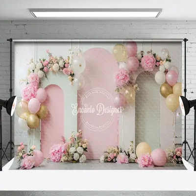White Pink Arch Balloons Floral Cake Smash Backdrop - Aperturee