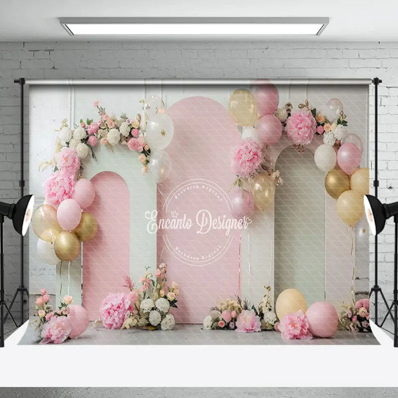 White Pink Arch Balloons Floral Cake Smash Backdrop - Aperturee