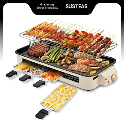 Pukomc Upgrade Indoor Smokeless Electric Korean BBQ Grill with Removable Non-Stick Coating 22.5 x 10 x 3.5 in, Temperature Co...