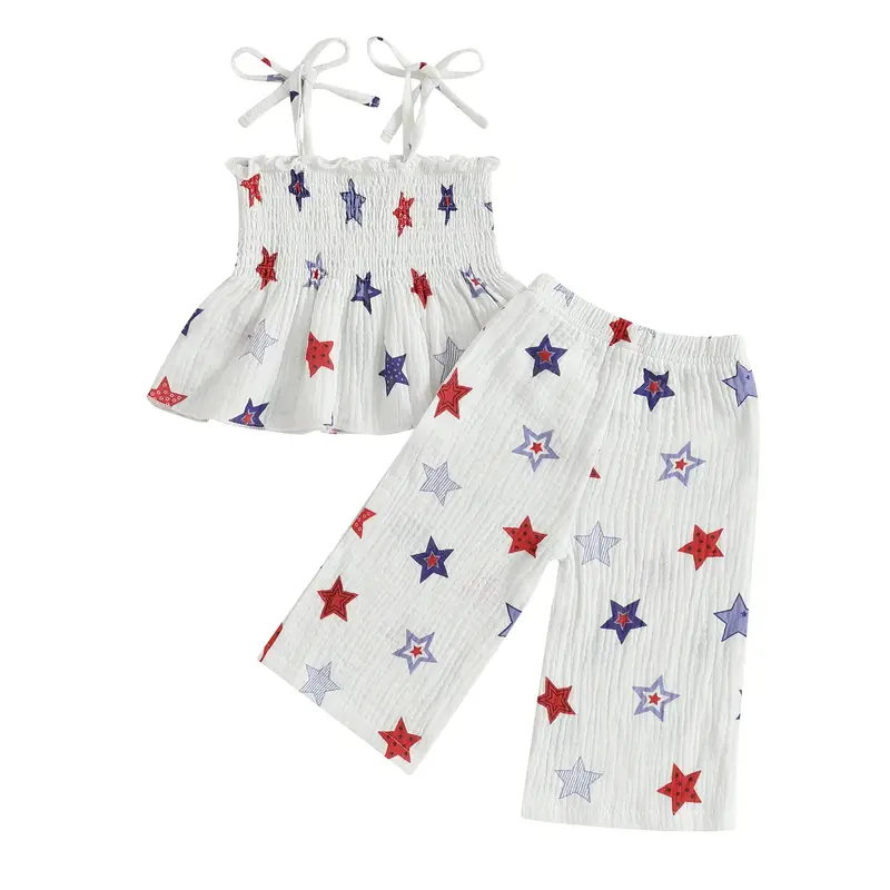 Toddler Baby Kids Girls Pants Set Print Sleeveless Pleated Camisole with Pants 4th of July Clothing 6M-5Y