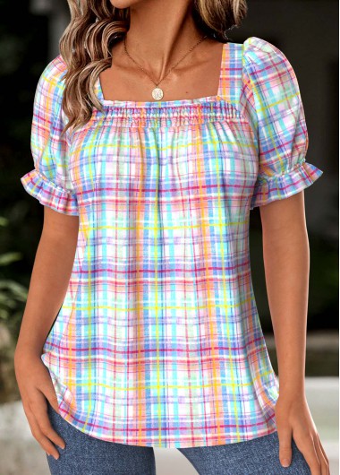 Modlily Multi Color Plaid Short Sleeve Square Neck Blouse - L