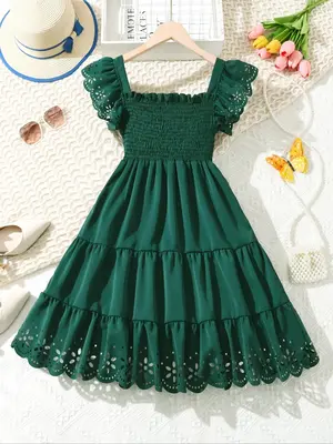 Girl's Plain Jacquard Ruffle Trim Dress, Casual Puff Sleeve Square Neck Midi Dress for Summer, Kids Clothes for Daily Wear