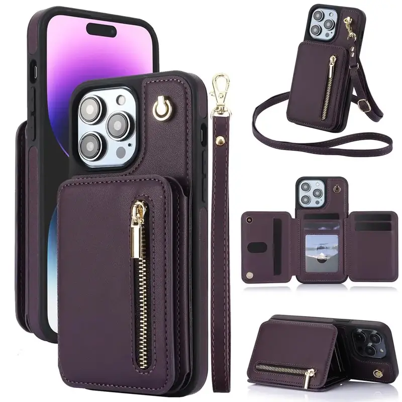 Zipper Wallet Design Phone Case, Anti-fall Fully Edged Mobile Phone Case with Lanyard, Shockproof Protective Cover for iPhone...