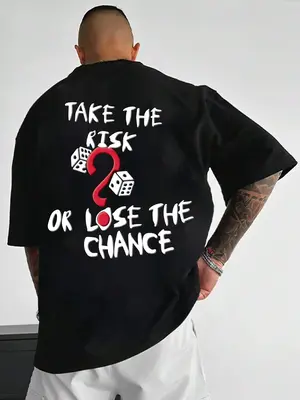 Men's Dice & Slogan Print Drop Shoulder Tee, Street Fashion Casual Soft Comfy Letter Print Half Sleeve Round Neck T-shirt for...