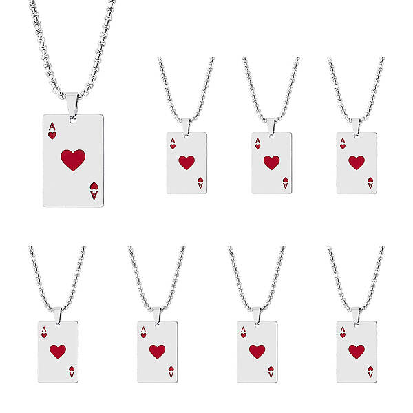 8Pcs Heart Playing Card Stainless Steel Enamel Pendant Necklaces