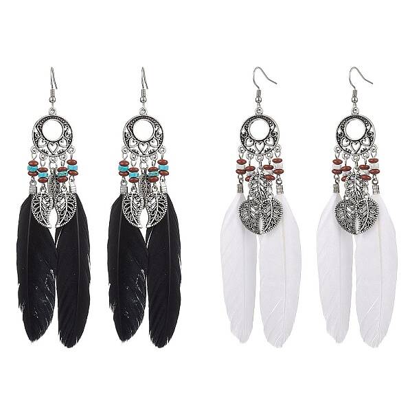2 Pairs Natural Red Jasper & Natural Howlite Beaded Dangle Earrings