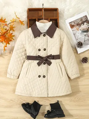 Girl's Double Button Belted Coat, Elegant Fashion Long Sleeve Collared Outerwear for Daily Outdoor Wear, Girls Clothing for ...