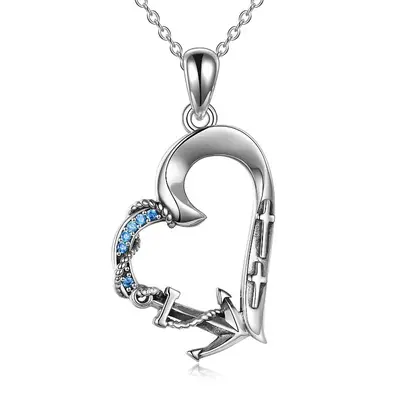 Sterling Silver Cubic Zirconia Anchor Cross & Heart Pendant Necklace For Women