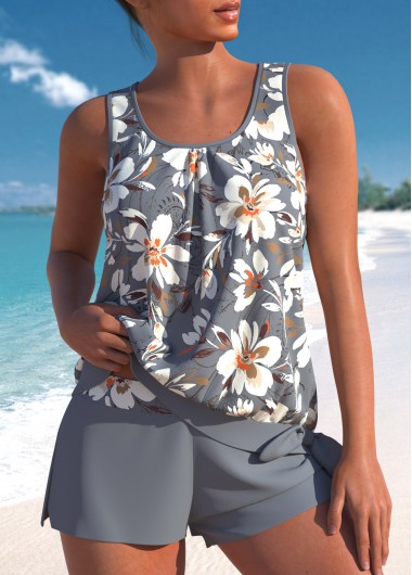 Modlily Grey Bowknot Tankini With Bottom Floral Print Wide Strap Tankini Set - S