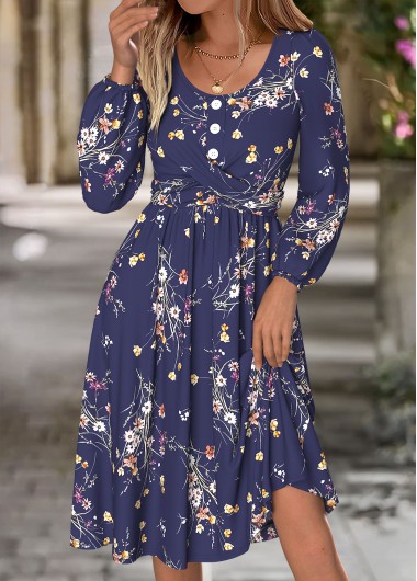 Modlily Navy Tummy Coverage Floral Print Long Sleeve Dress - L